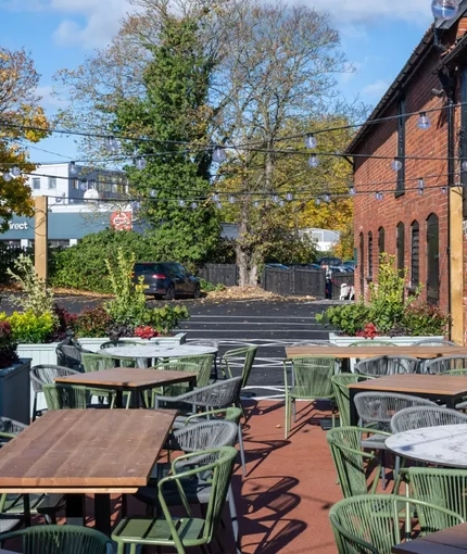 The exterior beer garden and seating area at the Fox.