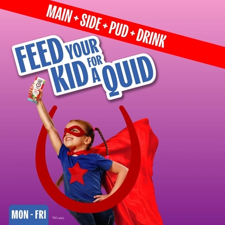 A banner featuring a child dressed as a superhero holding a carton of juice stood behind the Hungry Horse horseshoe logo with the wording "Feed Your Kid For A Quid - Mon-Fri - Main+Side+Pud+Drink" to advertise a promotion at Hungry Horse venues.