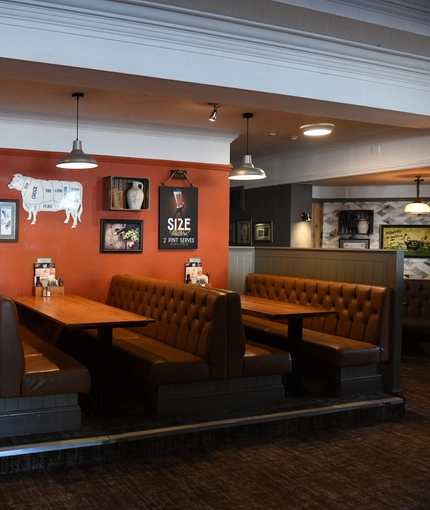 Interior dining area of a pub.