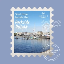 A Hotel Stamps graphic showing an boats sat in a dock to advertise locations of Greene King Inns.