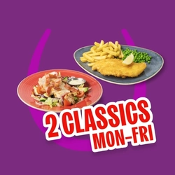 Promotional graphic reading “2 Classics Mon–Fri” alongside a chicken and bacon salad with dressing and a plate of fish and chips with peas and a lemon wedge on a purple background with a pink horseshoe graphic.
