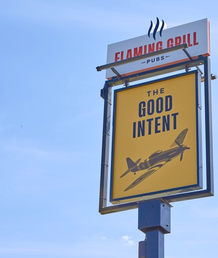 A close up view of the exterior sign of The Good Intent in Hornchurch.