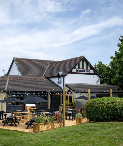 The outside area and beer garden of the Corner House.