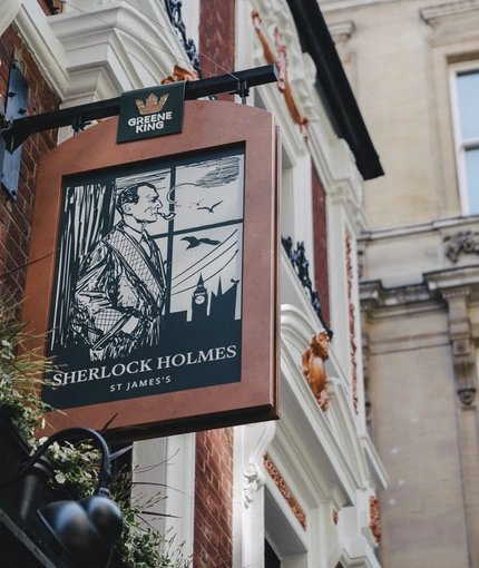 The exterior signage of the Sherlock Holmes in St James's.
