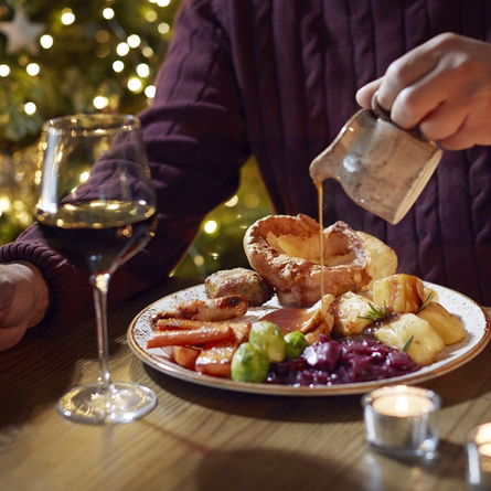 A 715x715 Boxing Day Food Advertising Image showing a turkey Roast Dinner available at Chef & Brewer Venues.