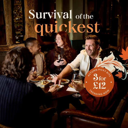A banner featuring a group of people sat at a table enjoying Picky Bits and a selection of drinks with the wording "Survival Of The Quickest - Autumn Picky Bits - 3 For £12 - Trending Now" to advertise a promotion at Chef & Brewer venues.