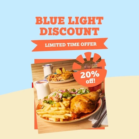 A banner featuring an image of two main meals and a glass of soft drink on a wooden restaurant table, below the words "Blue Light Discount, Limited Time Offer, 20% Off", on a light blue and pastel yellow background.