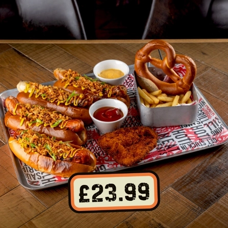 A graphic promoting the hot dog challenge at Flaming Grill.