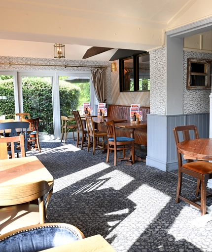 Interior dining area of a pub.