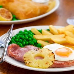 Fish and chips and gammon, egg and chips
