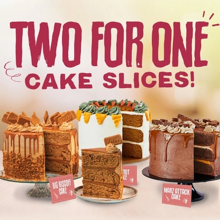 A banner showing three cakes on cake stands, and a slice of cake on a plate, promoting two for one cake slices at Farmhouse Inns.