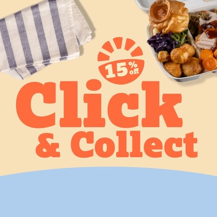 A banner showing a roast meal in a takeaway container promoting the 15% off Click & Collect campaign at Farmhouse Kitchen venues.