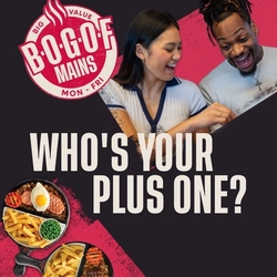A Banner promoting the 'BOGOF' (Buy-One-Get-One-Free) promo at Flaming Grill venues.