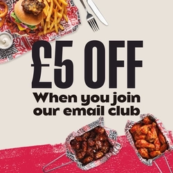 A graphic promoting £5 off when you join our email club at Flaming Grill.