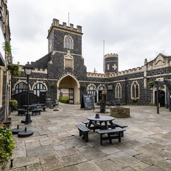 exterior of the venue and a beer garden