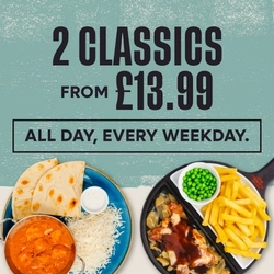 A graphic banner promoting classics at Flaming Grill venues '2 classics from £ all day every weekday.'