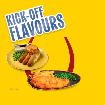 A banner saying "Kick Off Flavours?" to promote a new World Cup menu at Hungry Horse venues.