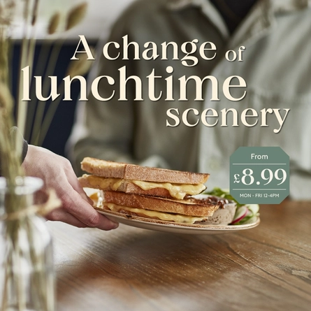 A banner promoting the lunchtime menu at Chef & Brewer.