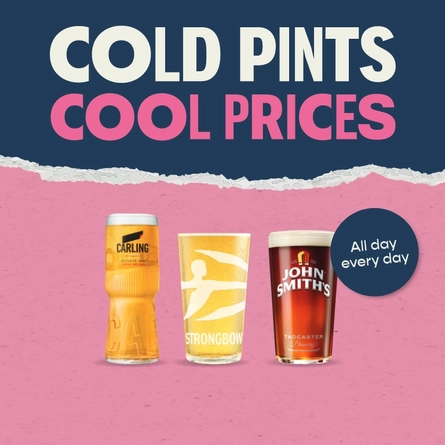 A graphic promoting 'cold pints cool prices' for Pub and Social.