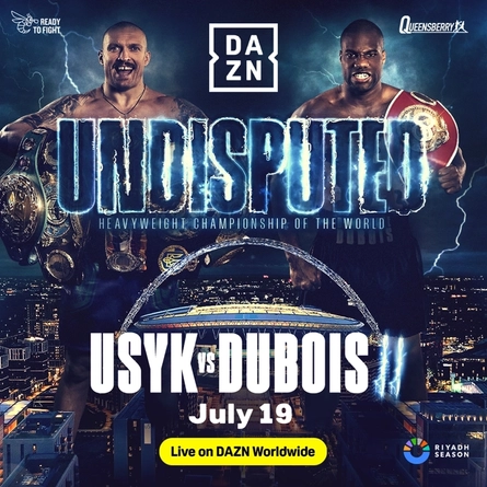 A banner promoting the boxing match between Usyk vs Dubois on the 19th July.