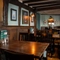 An interior restaurant seating area at The Ship, with wood panelling on the walls, and wooden beams on the walls and ceiling.