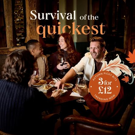 A banner featuring a group of people sat at a table enjoying Picky Bits and a selection of drinks with the wording "Survival Of The Quickest - Autumn Picky Bits - 3 For £12 - Trending Now" to advertise a promotion at Chef & Brewer venues.