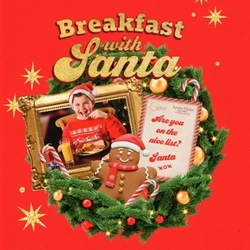 A banner showing the words "Breakfast With Santa" in gold letters above a Christmas wreath containing an image of a child enjoying a cooked breakfast, and graphics of a gingerbread man and a letter from Santa. The images and text sit on a red background and are surrounded by gold stars.