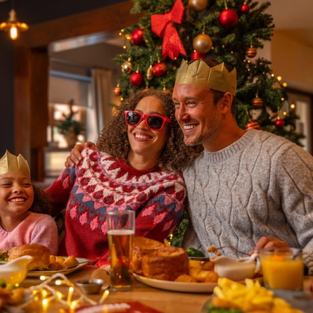 A family enjoys a festive Christmas meal at a dining table beside a decorated Christmas tree adorned with red and gold baubles, candy cane ornaments and warm fairy lights. Several diners wear paper crowns from Christmas crackers while sharing food and conversation. The table is set with traditional roast dinners, gravy boats, glasses of orange juice, sparkling drinks and Christmas crackers. Seasonal decorations and warm lighting create a cosy Christmas restaurant setting.