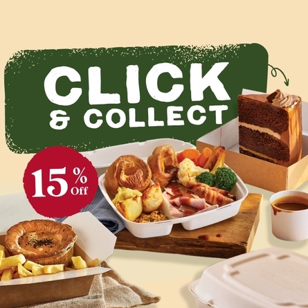 A banner showing several meals and cake in takeaway containers, promoting a 15% off Click & Collect campaign at Farmhouse Inn venues.