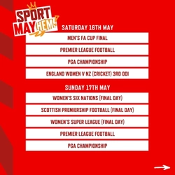 A banner displaying televised Sports events during May being shown at selected Greene King Sport and Hungry Horse venues.