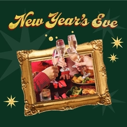A banner showing the words "New Year's Eve" in golden letters, above a framed image of four glasses of sparkling wine being clinked together in a cheers motion at a restaurant table. The text and image sit on a dark green background and are surrounded by gold stars.