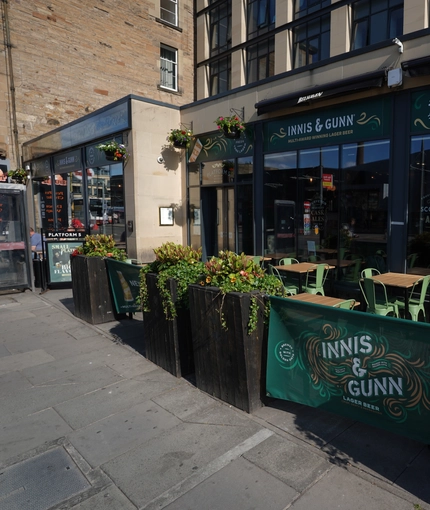 Outdoor seating area outside of a pub