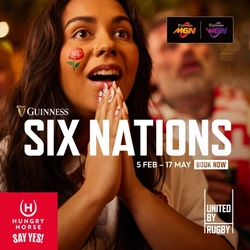 A banner promoting the 6 Nations Rugby at selected Greene King Venues.