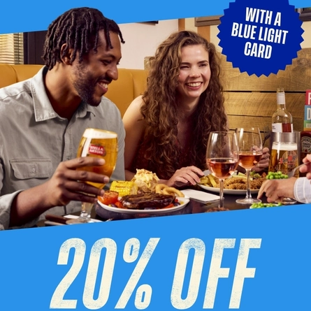 A graphic banner promoting '20% off with a blue light card.' at Flaming Grill venues.