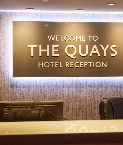 The interior hotel reception area at The Quays.