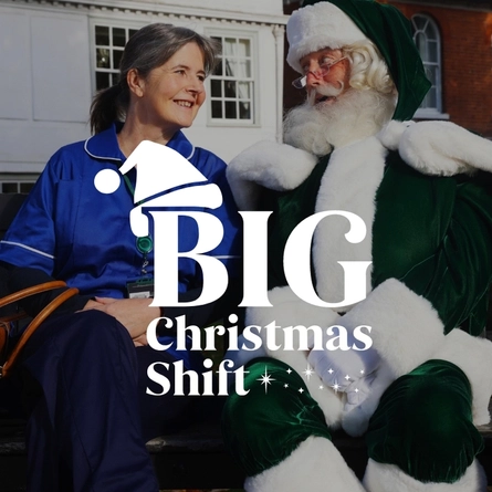 A banner showing the words "Big Christmas Shift" on top of an image of Santa Claus and a nurse sitting on a park bench.