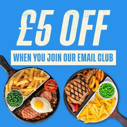 A banner showing a 2 skillet dishes to advertise a £5 Off When You Join Our Email Club deal at Flaming Grill venues.