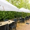 Exterior beer garden of a pub with a seating area.