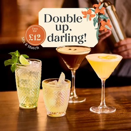A 768x768 Web Homepage Promo banner advertising 2 for £12 January 2026 Cocktail Offer available at Chef & Brewer venues.