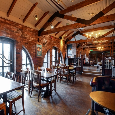 Interior seating area on a mezzanine