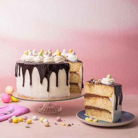 A Choccie Eggsplosion cake topped with piped icing and chocolate mini eggs, served on a cake stand. The cake stand is surrounded by Easter egg ornaments, chocolate mini eggs, a fork on a napkin, and a slice of the cake served on a plate.