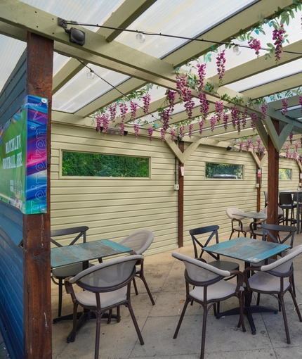 Exterior semi-open beer garden.
