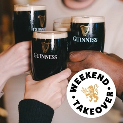 A graphic banner promoting the 'weekend takeover' with Guinness at Greene King Belhaven venues.