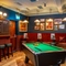 An interior restaurant seating and games area at the Phoenix in Bayswater; with a pool table, a TV on the wall, bar stool seating, and an upholstered booth seat along one wall.