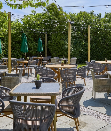 The exterior beer garden seating area at The Fox & Hounds in Wimborne.