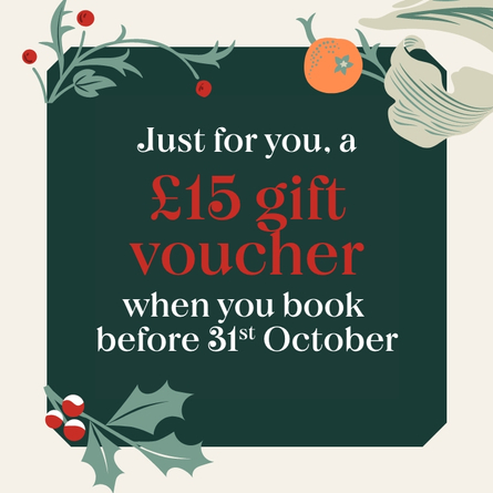 A 715x715 sized banner advertising a £15 gift voucher when booking before 31st October at Chef & Brewer venues.