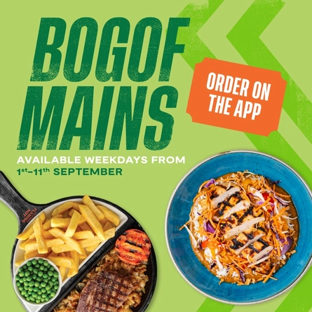 A banner showing 2 mains dishes with the wording "BOGOF Mains, Available Weekdays From 1st September-11th September, Order On App" to advertise a promotion at Flaming Grill venues.