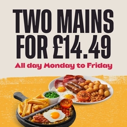 A banner promoting 'Two Mains For £14.49' all day Monday - Friday at Flaming Grill venues.