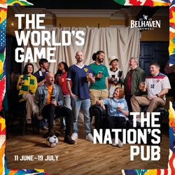 A banner promoting the Football World Cup at selected Greene King and Belhaven venues.