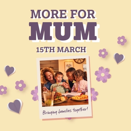 A banner showing a family enjoying mains dishes to advertising Mothers Day at Farmhouse Kitchen venues.